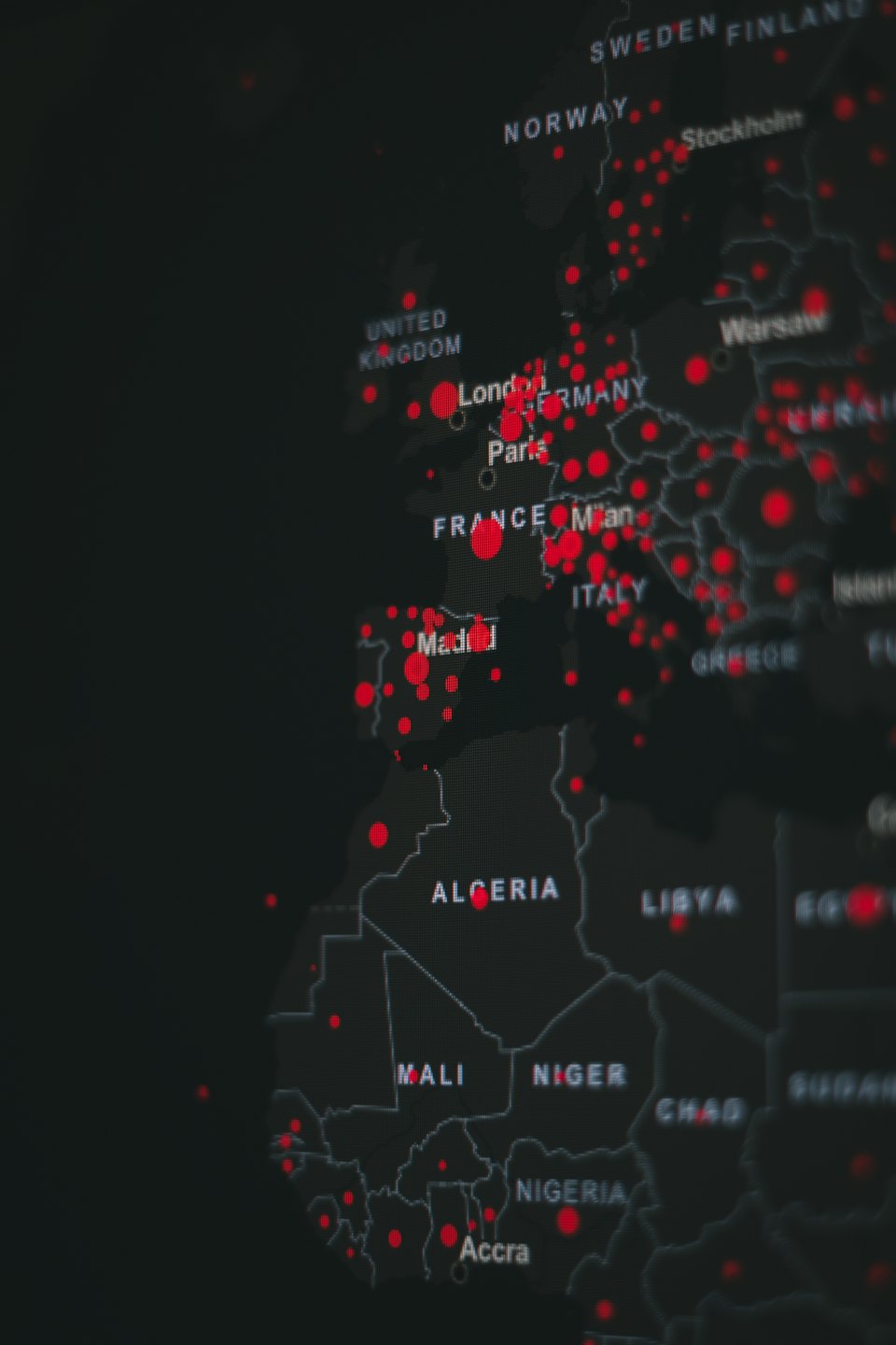 Digital map showing data points across Europe and North Africa.